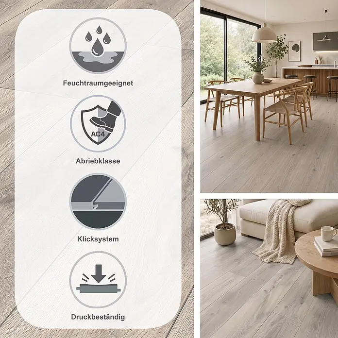 Krono Original Laminat Atlantic 8 - Silverdale Oak, Landhausdiele, 1.285 x 192 x 8 mm - Heller Holzfußboden in modernen Wohnräumen, mit Feuchtraumeignung, AC4-Abrieb, Allergiker- und antibakteriellen Eigenschaften.