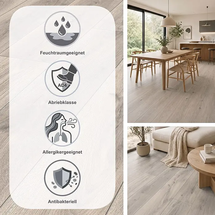 Krono Original Laminat Atlantic 8 - Silverdale Oak, Landhausdiele, 1.285 x 192 x 8 mm - Heller Holzfußboden in modernen Wohnräumen, mit Feuchtraumeignung, AC4-Abrieb, Allergiker- und antibakteriellen Eigenschaften.