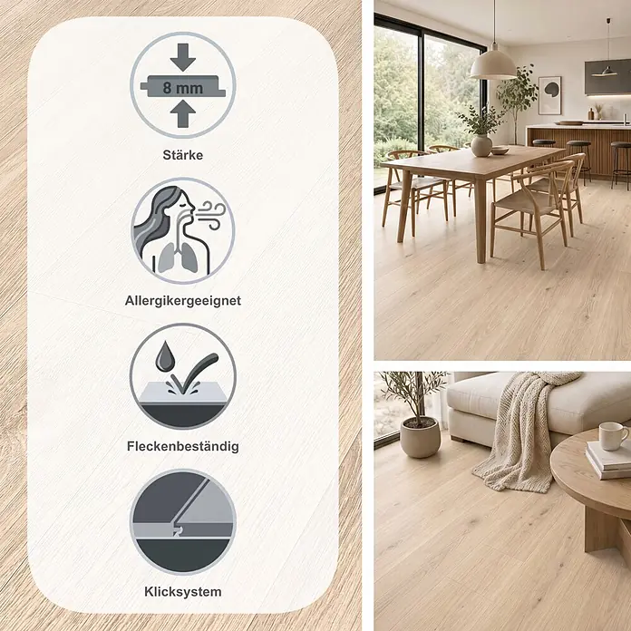 Classen Laminat 831-4 - Oak Light beige, Landhausdiele, 1.286 x 194 x 8 mm - Heller Holzboden in Holzoptik, 8mm dick, allergikerfreundlich, fleckenbeständig und mit Klicksystem.
