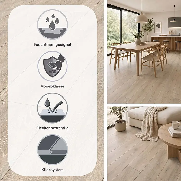 LOGOCLIC Aquaprotect Smart Silent Laminat - Christal Oak, Landhausdiele, 1.288 x 195 x 7 mm - Helles Holzparkett mit Piktogrammen für Feuchtraumeignung, Abriebklasse AC5, Allergikerfreundlichkeit und Fleckenbeständigkeit, in modernen Wohnräumen dargestellt.