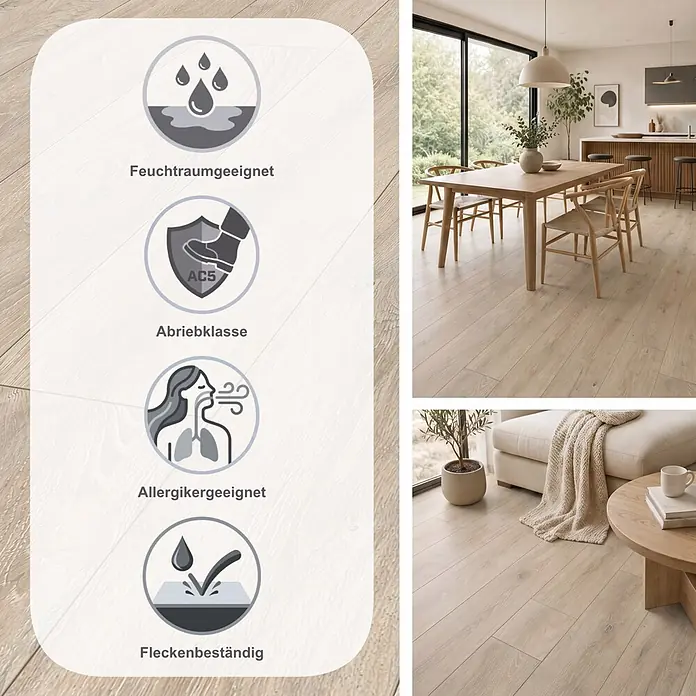 LOGOCLIC Aquaprotect Smart Silent Laminat - Christal Oak, Landhausdiele, 1.288 x 195 x 7 mm - Helles Holzparkett mit Piktogrammen für Feuchtraumeignung, Abriebklasse AC5, Allergikerfreundlichkeit und Fleckenbeständigkeit, in modernen Wohnräumen dargestellt.