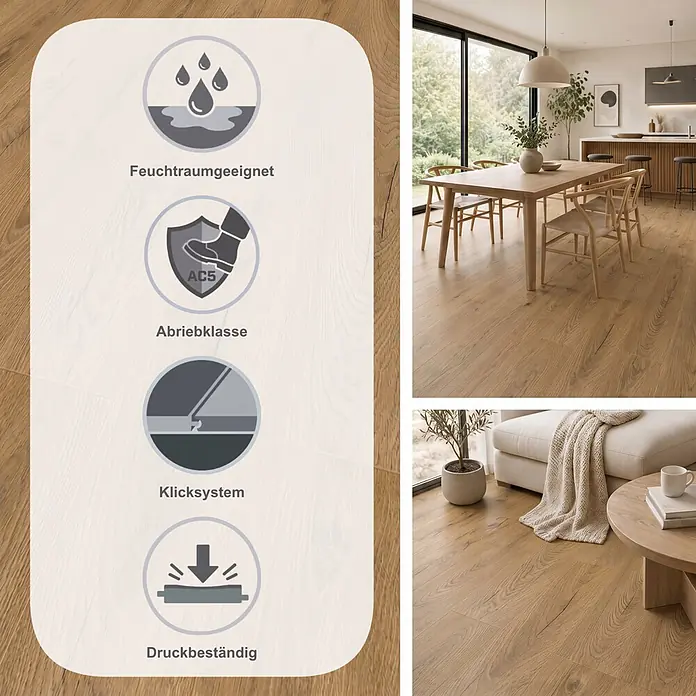 Krono Original Laminat Atlantic 10 - Inca Carpenter Oak, Landhausdiele, 1.288 x 195 x 10 mm - Helles Holzlaminat im modernen Zuhause, mit Feuchtraumgeeignetheit, Abriebklasse AC5, Allergikergeeignetheit und antibakteriellen Eigenschaften.