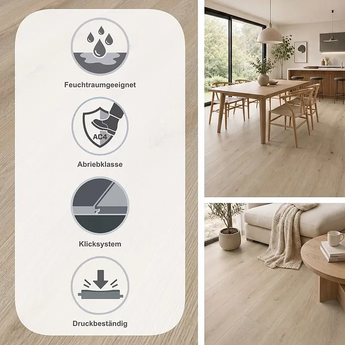 Krono Original Laminat Atlantic 8 - Ecru Cantal Oak, Landhausdiele, 1.288 x 195 x 8 mm - Helle Holzoptik-Bodenbelag mit Funktionssymbolen und in modernen Wohn- und Essbereichen gezeigt.