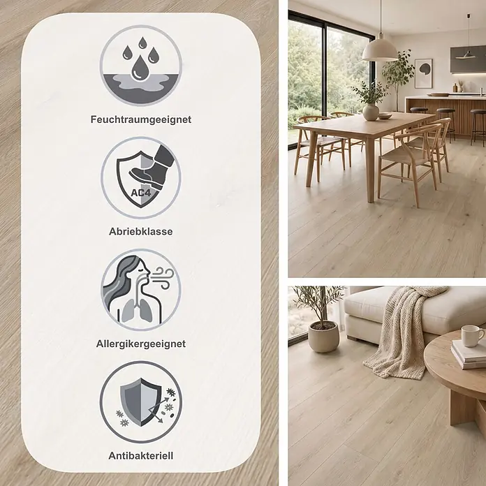 Krono Original Laminat Atlantic 8 - Ecru Cantal Oak, Landhausdiele, 1.288 x 195 x 8 mm - Helle Holzoptik-Bodenbelag mit Funktionssymbolen und in modernen Wohn- und Essbereichen gezeigt.