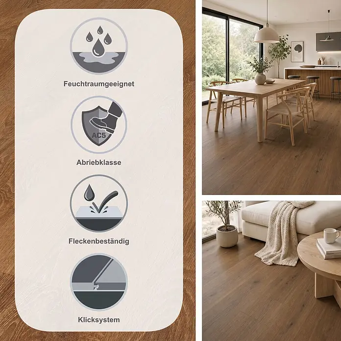 LOGOCLIC Aquaprotect Smart Silent Laminat - Corno Oak, Landhausdiele, 1.288 x 195 x 7 mm - Mittelbrauner Holzboden in modernen Ess- und Wohnbereichen. Eine helle Tafel zeigt Produktmerkmale wie Wasserbeständigkeit und Strapazierfähigkeit.