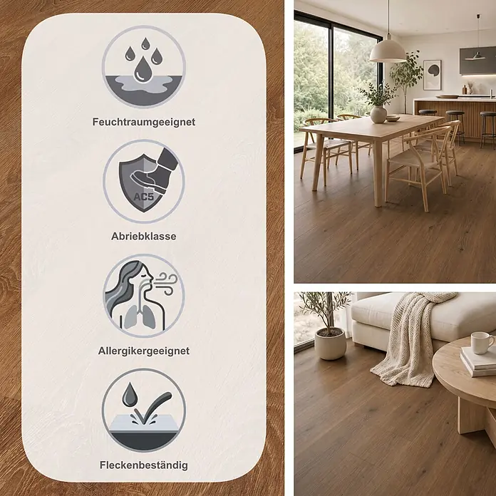 LOGOCLIC Aquaprotect Smart Silent Laminat - Corno Oak, Landhausdiele, 1.288 x 195 x 7 mm - Mittelbrauner Holzboden in modernen Ess- und Wohnbereichen. Eine helle Tafel zeigt Produktmerkmale wie Wasserbeständigkeit und Strapazierfähigkeit.