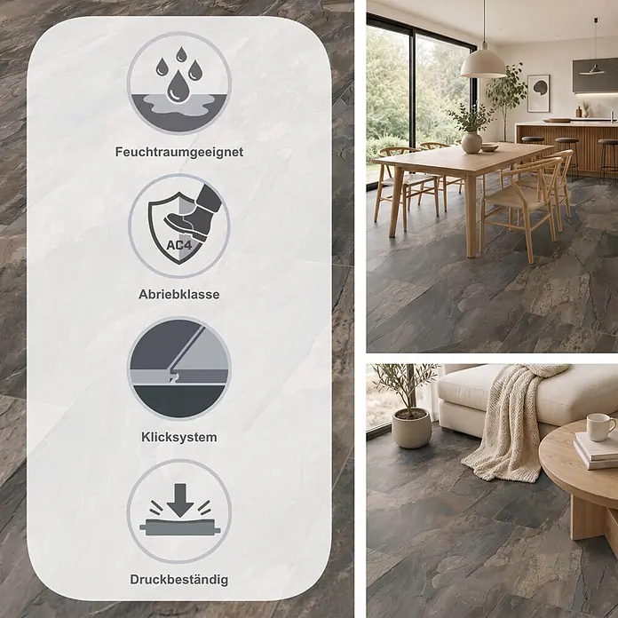 Krono Original Laminat Atlantic 8 - Pewter Slate, 638 x 330 x 8 mm - Dunkle Schieferoptik-Bodenfliesen in moderner Wohnumgebung, hervorhebend wasserbeständige, AC4-Abriebklasse, antiallergische und antibakterielle Eigenschaften.