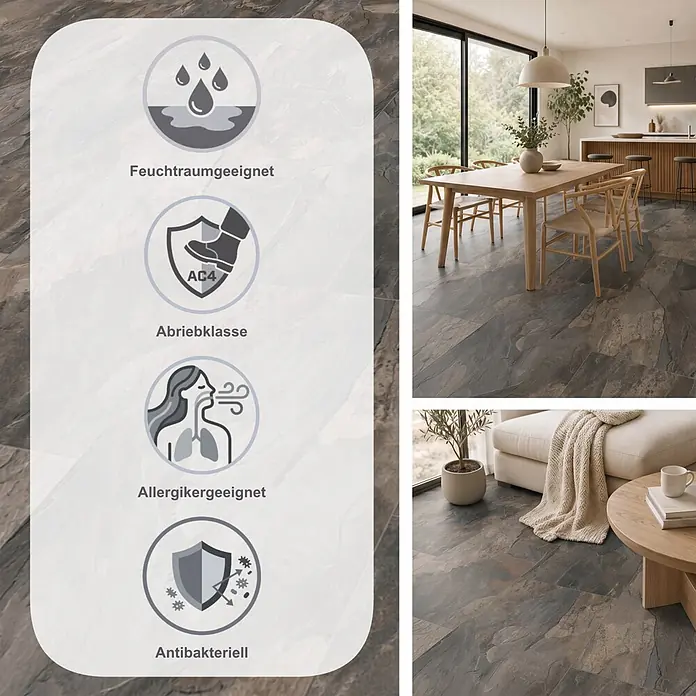 Krono Original Laminat Atlantic 8 - Pewter Slate, 638 x 330 x 8 mm - Dunkle Schieferoptik-Bodenfliesen in moderner Wohnumgebung, hervorhebend wasserbeständige, AC4-Abriebklasse, antiallergische und antibakterielle Eigenschaften.