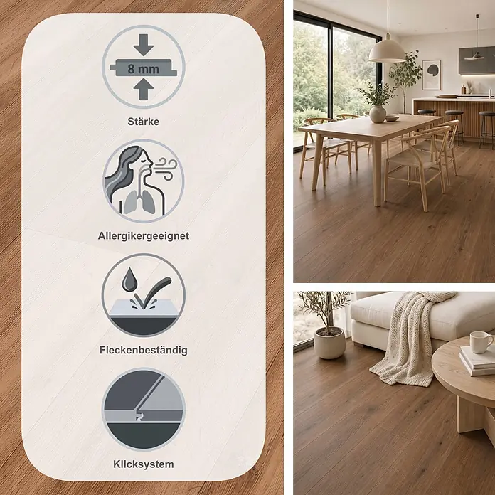 Classen Laminat 831-4 - Oak Dark Nature, Landhausdiele, 1.286 x 194 x 8 mm - Braunes Laminat in Holzoptik mit 8mm Stärke, allergikergeeignet, fleckenbeständig und Klicksystem. In modernen Wohnräumen gezeigt.