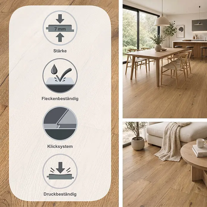 Classen Laminat 731-4 - White Oak, Landhausdiele, 1.286 x 194 x 7 mm - Holzoptik-Laminatboden, 7mm stark, allergikerfreundlich, fleckenbeständig und mit Klicksystem. Gezeigt in modernen Wohnräumen.