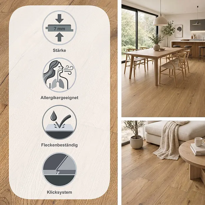 Classen Laminat 731-4 - White Oak, Landhausdiele, 1.286 x 194 x 7 mm - Holzoptik-Laminatboden, 7mm stark, allergikerfreundlich, fleckenbeständig und mit Klicksystem. Gezeigt in modernen Wohnräumen.