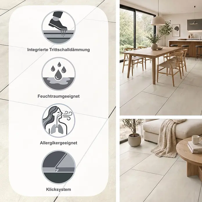 Krono Original Laminat Organic Flex - Brooklyn Mist, 638 x 322 x 7 mm - Helle Großformat-Bodenfliesen in modernem Zuhause. Merkmale: Trittschalldämmung, Feuchtraumeignung, Allergikerfreundlichkeit, Klicksystem.