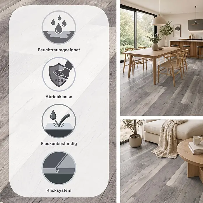 LOGOCLIC Aquaprotect Laminat - Tasso Oak, Landhausdiele, 1.288 x 245 x 8 mm - Heller grau gemaserter Laminatboden mit Piktogrammen für Feuchtraumeignung, Abriebklasse AC5, Allergikerfreundlichkeit und Fleckenbeständigkeit.