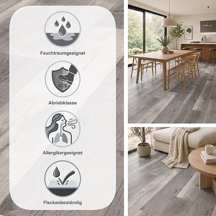 LOGOCLIC Aquaprotect Laminat - Tasso Oak, Landhausdiele, 1.288 x 245 x 8 mm - Heller grau gemaserter Laminatboden mit Piktogrammen für Feuchtraumeignung, Abriebklasse AC5, Allergikerfreundlichkeit und Fleckenbeständigkeit.