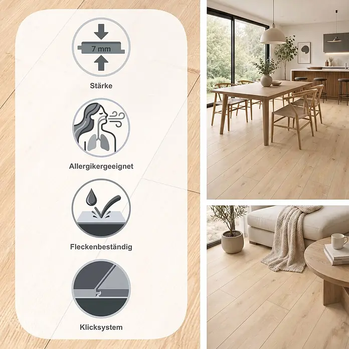 Classen Laminat 731-4 - Eiche Natur hell, Landhausdiele, 1.286 x 194 x 7 mm - Heller Laminatboden (7 mm Stärke) mit Klicksystem, allergikerfreundlich und fleckenbeständig. Gezeigt in modernen Wohnräumen.