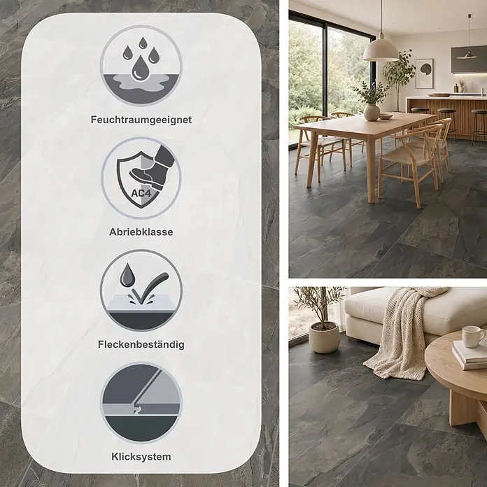 LOGOCLIC Ceramico Laminat - Silent, 638 x 330 x 8 mm - Dunkle, mehrfarbige Bodenfliesen in Steinoptik in einem modernen Interieur, mit Eigenschaften wie Feuchtigkeits-, Abrieb-, Allergiker- und Fleckenbeständigkeit.