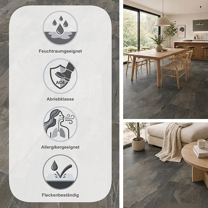 LOGOCLIC Ceramico Laminat Silent - Ceramico, 638 x 330 x 8 mm - Dunkle, mehrfarbige Bodenfliesen in Steinoptik in einem modernen Interieur, mit Eigenschaften wie Feuchtigkeits-, Abrieb-, Allergiker- und Fleckenbeständigkeit.