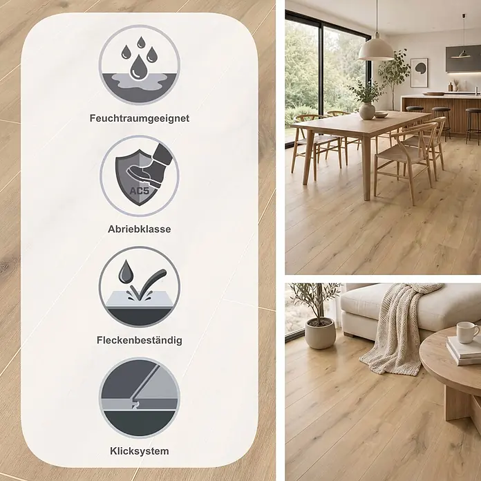 LOGOCLIC Aquaprotect Laminat - Chatol Oak, Landhausdiele, 1.288 x 245 x 8 mm - Heller Laminatboden mit Icons für Feuchtraumeignung, Abriebklasse AC5, Allergikerfreundlichkeit und Fleckenbeständigkeit im Wohnbereich.