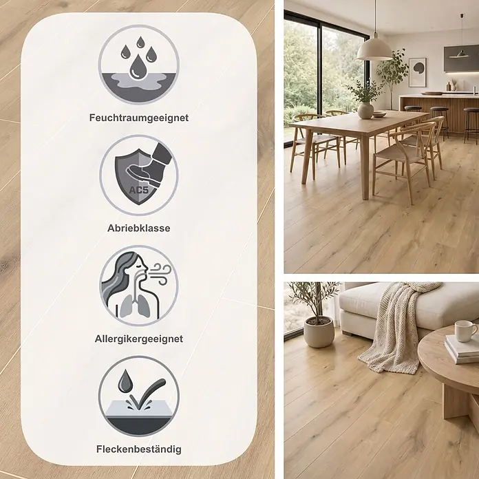 LOGOCLIC Aquaprotect Laminat - Chatol Oak, Landhausdiele, 1.288 x 245 x 8 mm - Heller Laminatboden mit Icons für Feuchtraumeignung, Abriebklasse AC5, Allergikerfreundlichkeit und Fleckenbeständigkeit im Wohnbereich.