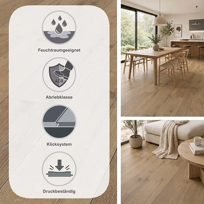 Krono Original Laminat Altitude - Sepia Tegernsee Oak, Landhausdiele, 2.003 x 245 x 12 mm - Heller Holzfußboden in modernen Wohnräumen, mit Infografik zu Feuchtraumtauglichkeit, AC5 Abrieb, Allergiker- und Antibakteriell-Eigenschaften.