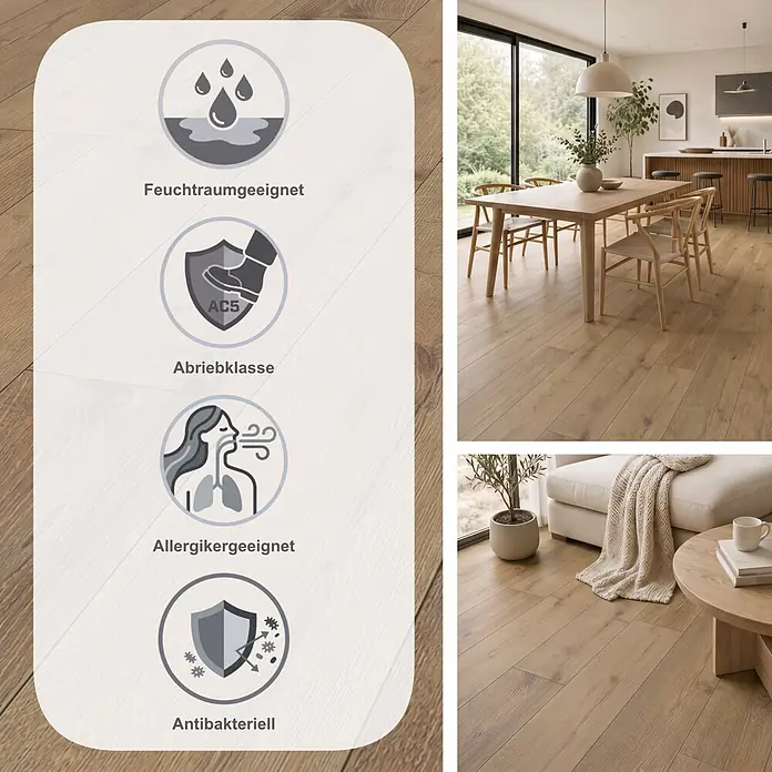 Krono Original Laminat Altitude - Sepia Tegernsee Oak, Landhausdiele, 2.003 x 245 x 12 mm - Heller Holzfußboden in modernen Wohnräumen, mit Infografik zu Feuchtraumtauglichkeit, AC5 Abrieb, Allergiker- und Antibakteriell-Eigenschaften.