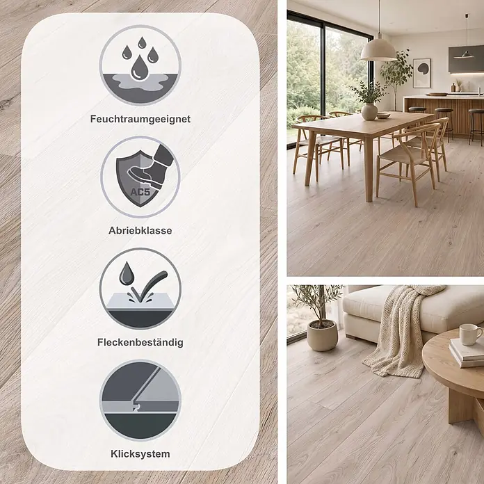 LOGOCLIC Aquaprotect Smart Laminat - Skyscraper Oak, Landhausdiele, 1.288 x 195 x 6 mm - Hellholzfarbener Bodenbelag in modernen Wohnräumen, hebt Feuchtigkeit-, Abrieb-, Allergiker- und Fleckenbeständigkeit hervor.