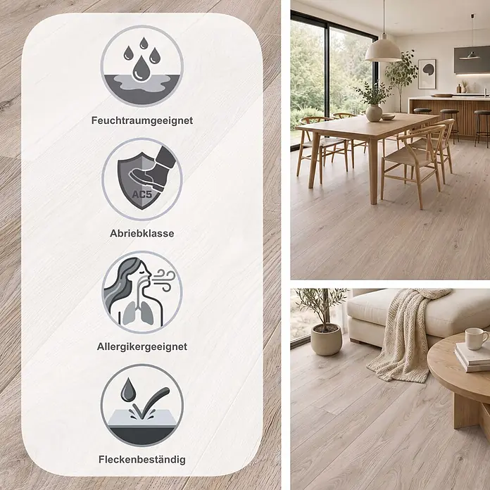 LOGOCLIC Aquaprotect Smart Laminat - Skyscraper Oak, Landhausdiele, 1.288 x 195 x 6 mm - Hellholzfarbener Bodenbelag in modernen Wohnräumen, hebt Feuchtigkeit-, Abrieb-, Allergiker- und Fleckenbeständigkeit hervor.