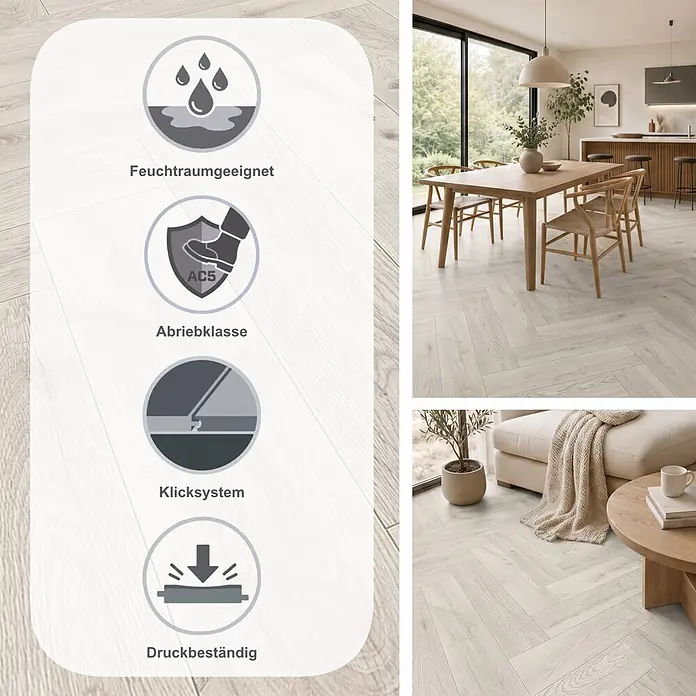 Krono Original Laminat Herringbone - Chantilly Oak, Fischgrät, 630 x 126 x 8 mm - Helles Holzoptik-Fischgrätparkett in modernem Zuhause, wasserbeständig, hohe Abriebklasse (AC5), allergikerfreundlich und antibakteriell.