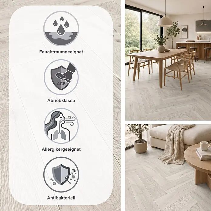 Krono Original Laminat Herringbone - Chantilly Oak, Fischgrät, 630 x 126 x 8 mm - Helles Holzoptik-Fischgrätparkett in modernem Zuhause, wasserbeständig, hohe Abriebklasse (AC5), allergikerfreundlich und antibakteriell.