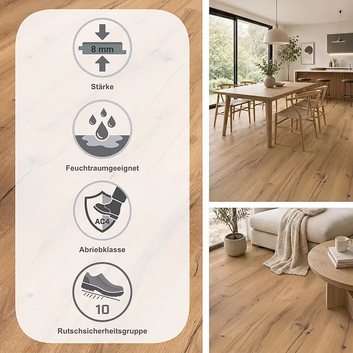 Parador Laminat Basic 400 - Eiche Chronicle, Landhausdiele, 1.285 x 194 x 8 mm - Holzoptikboden mit 8mm Stärke, feuchtraumgeeignet, Abriebklasse AC4 und Rutschsicherheitsgruppe R10, in modernem Wohnambiente.