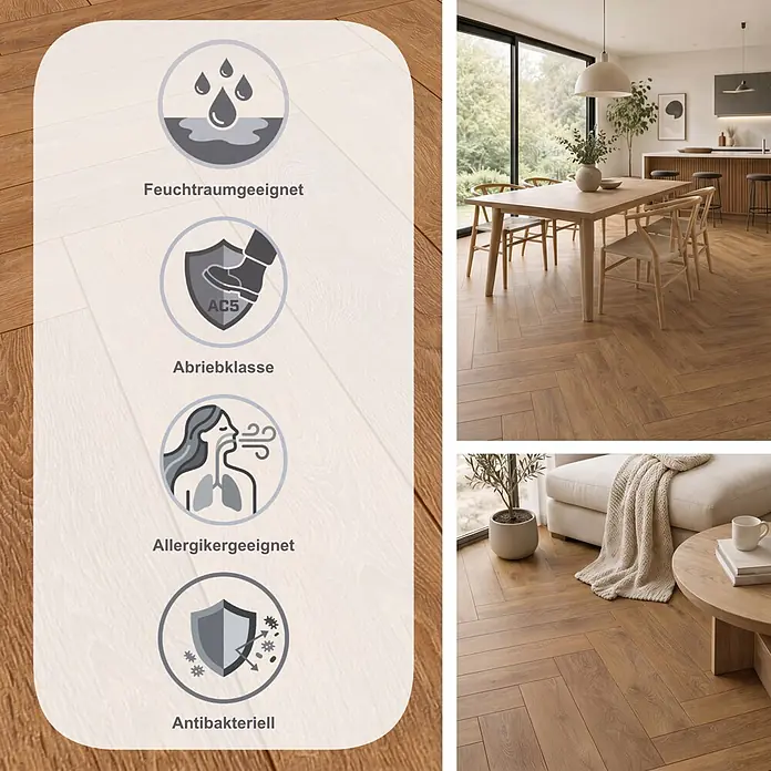Krono Original Laminat Herringbone - Harlech Oak, Fischgrät, 630 x 126 x 8 mm - Mittelbrauner Fischgrät-Laminatboden, feuchtraumgeeignet, Abriebklasse AC5, allergikerfreundlich, antibakteriell.