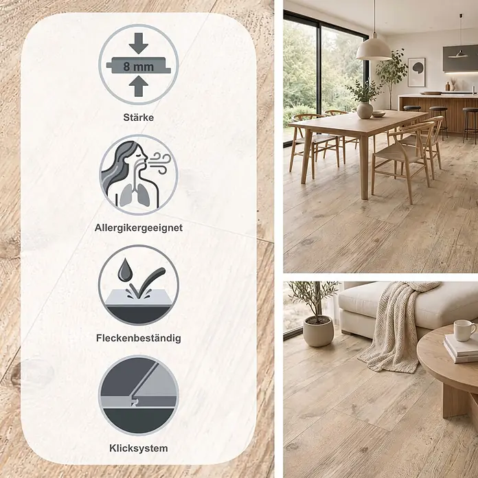 Classen Laminat 831-4 - Pine Light beige, Landhausdiele, 1.286 x 194 x 8 mm - Helles Laminatboden in Holzoptik, 8mm dick, allergikerfreundlich, fleckenbeständig und mit Klicksystem, in einem modernen Zuhause verlegt.