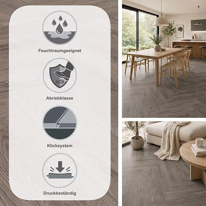 Krono Original Laminat Herringbone - Rutherford Oak, Fischgrät, 630 x 126 x 8 mm - Graubrauner Laminatboden im Fischgrätmuster, feuchtraumgeeignet, strapazierfähig (AC5), allergikerfreundlich und antibakteriell, in modernen Räumen gezeigt.