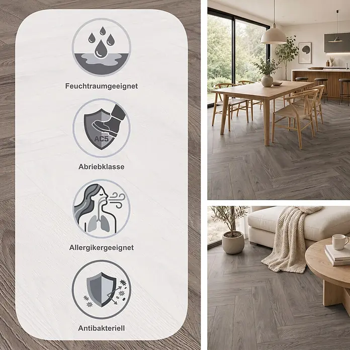 Krono Original Laminat Herringbone - Rutherford Oak, Fischgrät, 630 x 126 x 8 mm - Graubrauner Laminatboden im Fischgrätmuster, feuchtraumgeeignet, strapazierfähig (AC5), allergikerfreundlich und antibakteriell, in modernen Räumen gezeigt.
