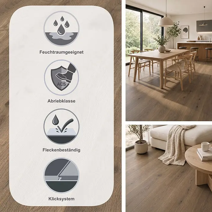 LOGOCLIC Aquaprotect Smart Silent Laminat - Ringa Oak, Landhausdiele, 1.288 x 195 x 7 mm - Braunes Laminatfußboden in einem modernen Zuhause, mit Merkmalen wie Feuchtigkeits-, Abrieb-, Allergiker- und Fleckenbeständigkeit.