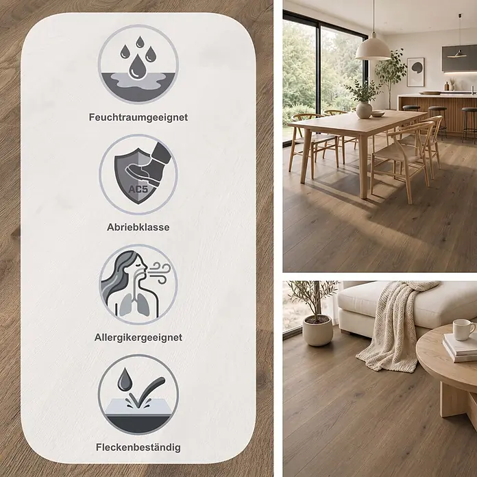 LOGOCLIC Aquaprotect Smart Silent Laminat - Ringa Oak, Landhausdiele, 1.288 x 195 x 7 mm - Braunes Laminatfußboden in einem modernen Zuhause, mit Merkmalen wie Feuchtigkeits-, Abrieb-, Allergiker- und Fleckenbeständigkeit.