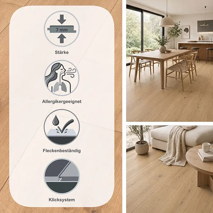 Classen Laminat 731-4 - Eiche Beige dunkel, Landhausdiele, 1.286 x 194 x 7 mm - Helles Holzlaminat mit hervorgehobenen Merkmalen: 7mm Stärke, Allergikergeeignet, fleckenbeständig und Klicksystem.