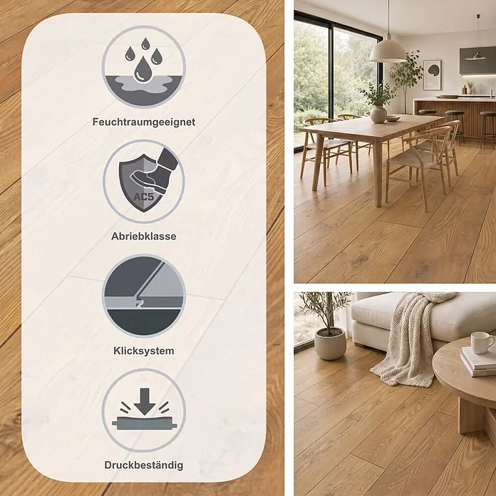 Krono Original Laminat Atlantic 10 - Tawny Chestnut, Landhausdiele, 1.288 x 195 x 10 mm - Heller Holzboden in Wohnräumen, zeigt Feuchtraumeignung, Abriebklasse AC5, ist allergikerfreundlich und antibakteriell.
