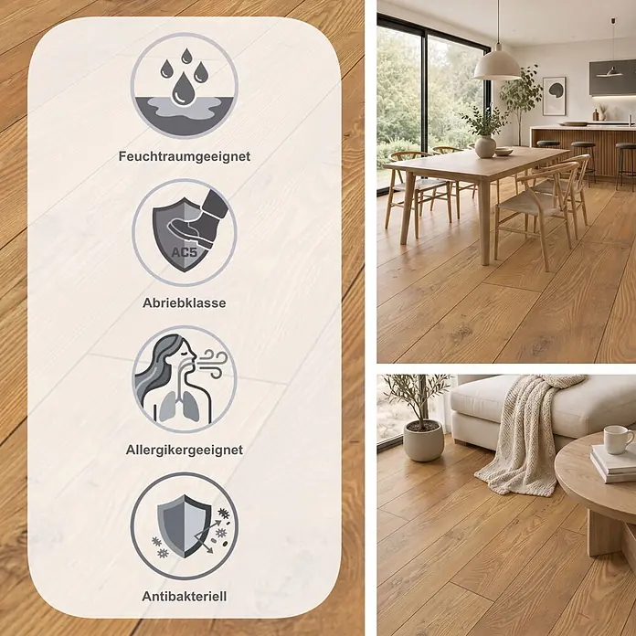 Krono Original Laminat Atlantic 10 - Tawny Chestnut, Landhausdiele, 1.288 x 195 x 10 mm - Heller Holzboden in Wohnräumen, zeigt Feuchtraumeignung, Abriebklasse AC5, ist allergikerfreundlich und antibakteriell.