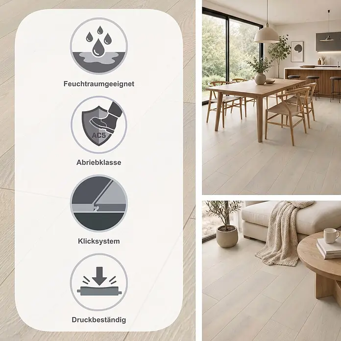 Krono Original Laminat Atlantic 10 - Alpaca Ethereal Oak, Landhausdiele, 1.288 x 195 x 10 mm - Heller Holzfußboden in modernem Zuhause. Icons betonen Feuchtraumeignung, Abriebklasse AC5, Allergikerfreundlichkeit und antibakterielle Eigenschaften.