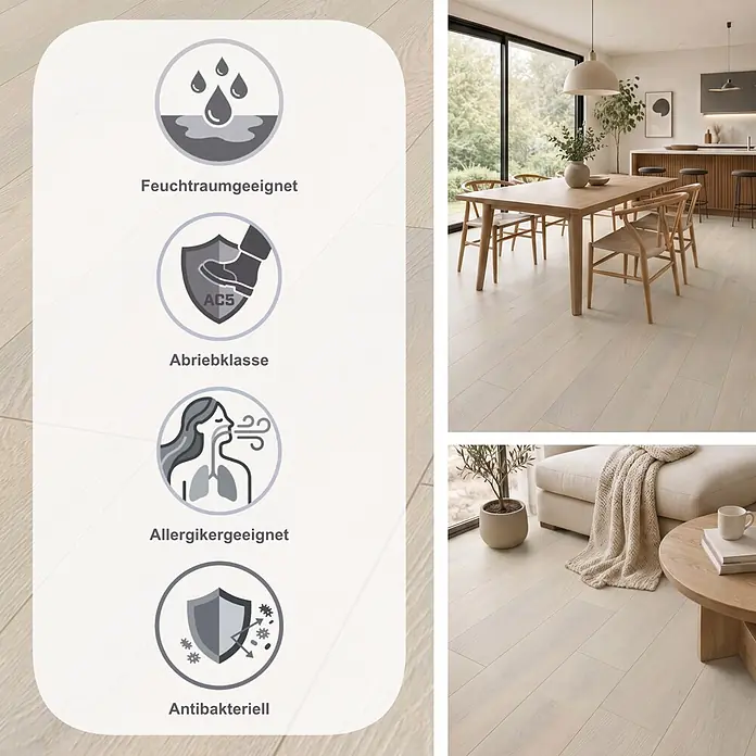 Krono Original Laminat Atlantic 10 - Alpaca Ethereal Oak, Landhausdiele, 1.288 x 195 x 10 mm - Heller Holzfußboden in modernem Zuhause. Icons betonen Feuchtraumeignung, Abriebklasse AC5, Allergikerfreundlichkeit und antibakterielle Eigenschaften.