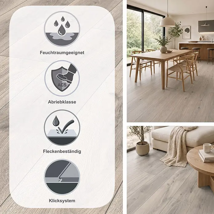LOGOCLIC Aquaprotect Smart Silent Laminat - Lombok Oak, Landhausdiele, 1.288 x 195 x 7 mm - Hellbrauner Laminatboden mit Symbolen für Feuchtraumeignung, Abriebklasse AC5, Allergikerfreundlichkeit und Fleckenbeständigkeit, gezeigt in modernen Räumen.