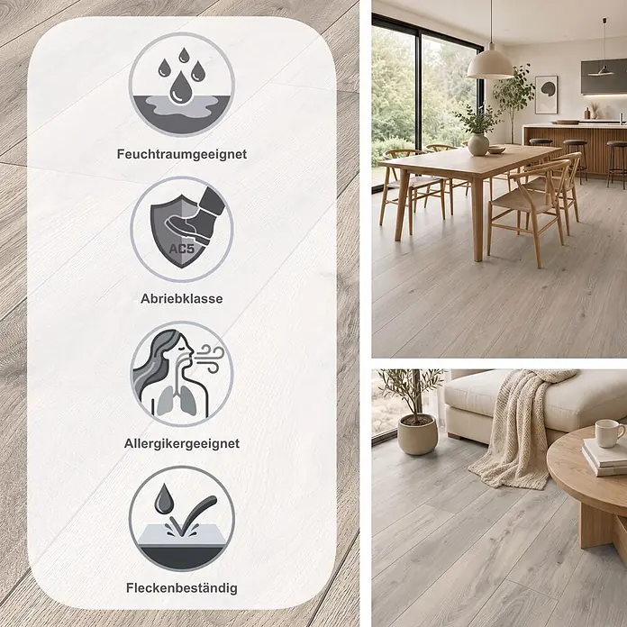 LOGOCLIC Aquaprotect Smart Silent Laminat - Lombok Oak, Landhausdiele, 1.288 x 195 x 7 mm - Hellbrauner Laminatboden mit Symbolen für Feuchtraumeignung, Abriebklasse AC5, Allergikerfreundlichkeit und Fleckenbeständigkeit, gezeigt in modernen Räumen.