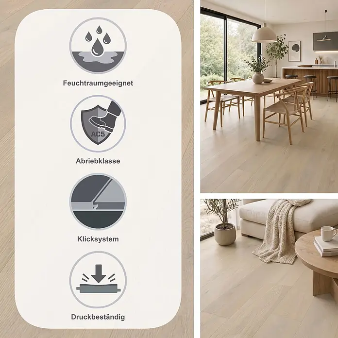 Krono Original Laminat Atlantic 10 - Rope Ethereal Oak, Landhausdiele, 1.288 x 195 x 10 mm - Helles Holzlaminat in Wohnräumen, präsentiert als wasserabweisend, abriebfest (AC5), allergikerfreundlich und antibakteriell.