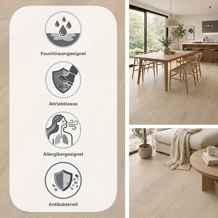 Krono Original Laminat Atlantic 10 - Rope Ethereal Oak, Landhausdiele, 1.288 x 195 x 10 mm - Helles Holzlaminat in Wohnräumen, präsentiert als wasserabweisend, abriebfest (AC5), allergikerfreundlich und antibakteriell.
