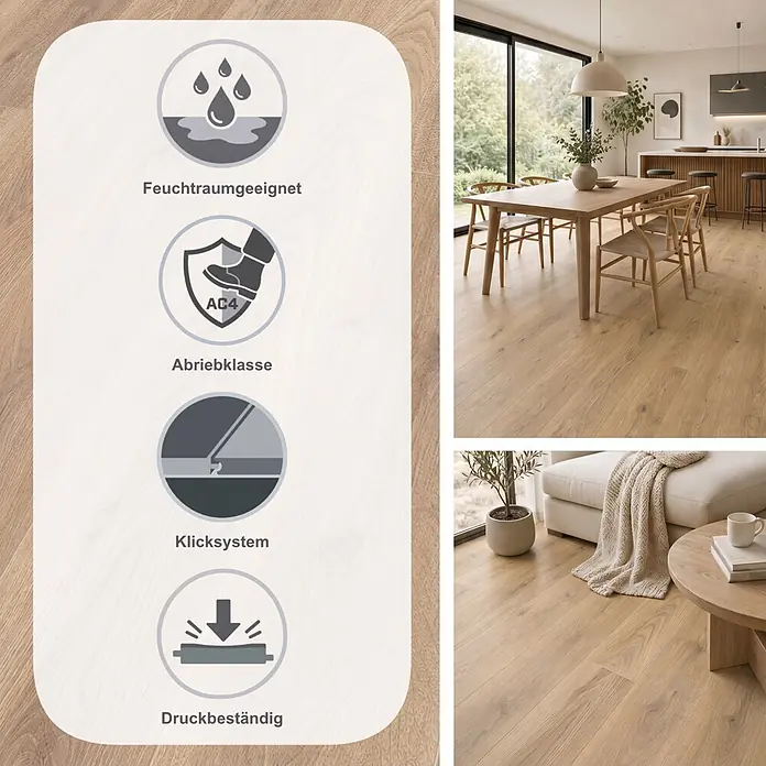 Krono Original Laminat Atlantic 8 - Biscotti Oak, Landhausdiele, 1.285 x 192 x 8 mm - Helles Eichen-Optik-Boden in modernem Zuhause, hebt wasserabweisende, AC4 haltbare, allergikerfreundliche und antibakterielle Eigenschaften hervor.