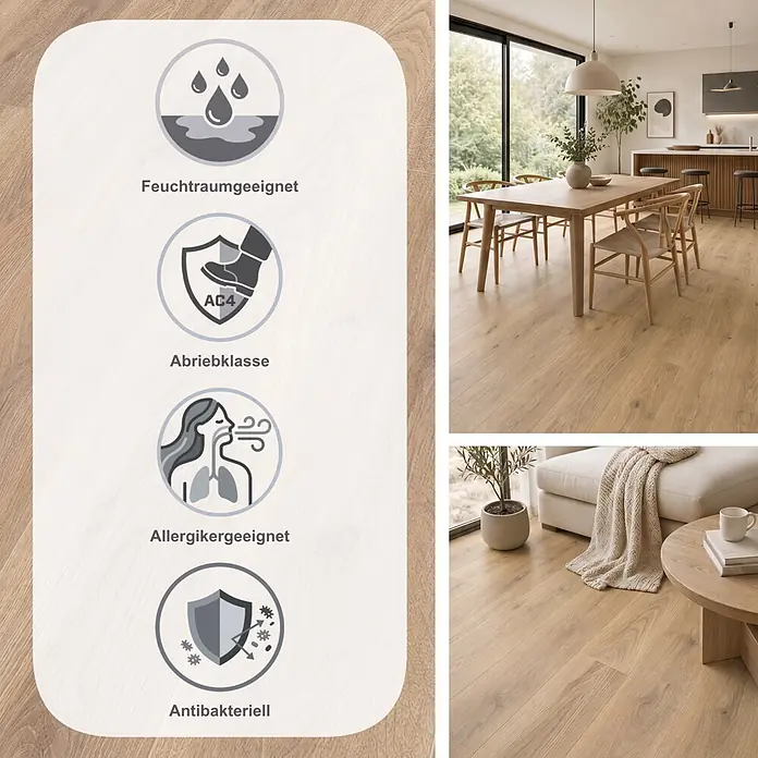 Krono Original Laminat Atlantic 8 - Biscotti Oak, Landhausdiele, 1.285 x 192 x 8 mm - Helles Eichen-Optik-Boden in modernem Zuhause, hebt wasserabweisende, AC4 haltbare, allergikerfreundliche und antibakterielle Eigenschaften hervor.