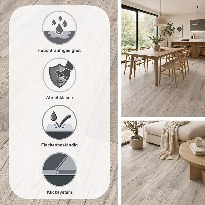 LOGOCLIC Aquaprotect Smart Laminat - Eiche Lucha, Landhausdiele, 1.288 x 195 x 6 mm - Heller Holzboden in Wohnräumen, mit Wasserbeständigkeit, Abriebklasse AC5, Allergikerfreundlichkeit und Fleckenbeständigkeit.