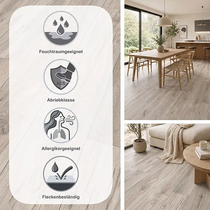 LOGOCLIC Aquaprotect Smart Laminat - Eiche Lucha, Landhausdiele, 1.288 x 195 x 6 mm - Heller Holzboden in Wohnräumen, mit Wasserbeständigkeit, Abriebklasse AC5, Allergikerfreundlichkeit und Fleckenbeständigkeit.