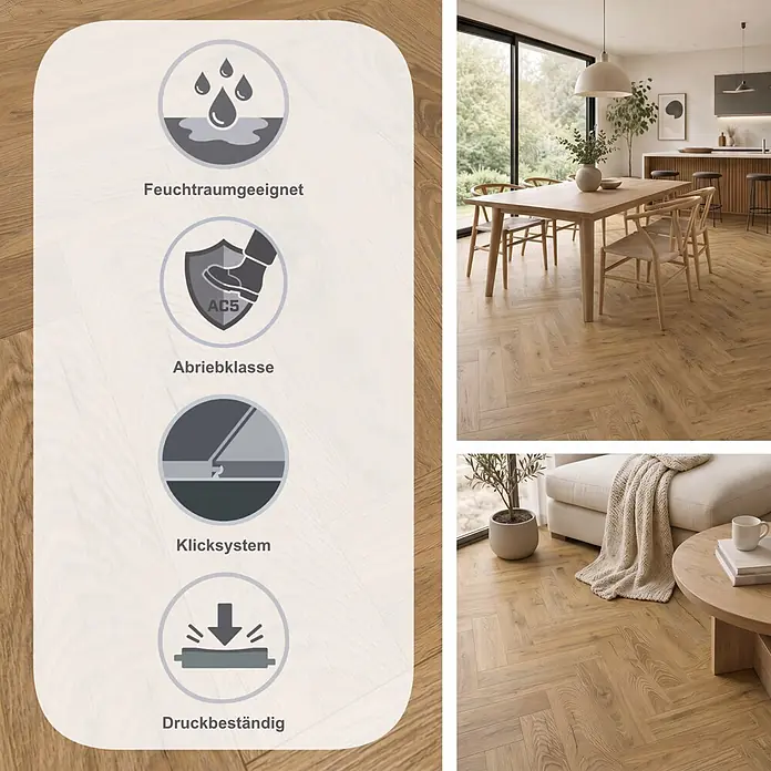 Krono Original Laminat Herringbone - Inca Carpenter Oak, Fischgrät, 630 x 126 x 8 mm - Fischgrät-Holzboden in hellem Holzton, in modernem Zuhause verlegt, mit Haltbarkeit, Wasserbeständigkeit und gesundheitlichen Vorteilen.